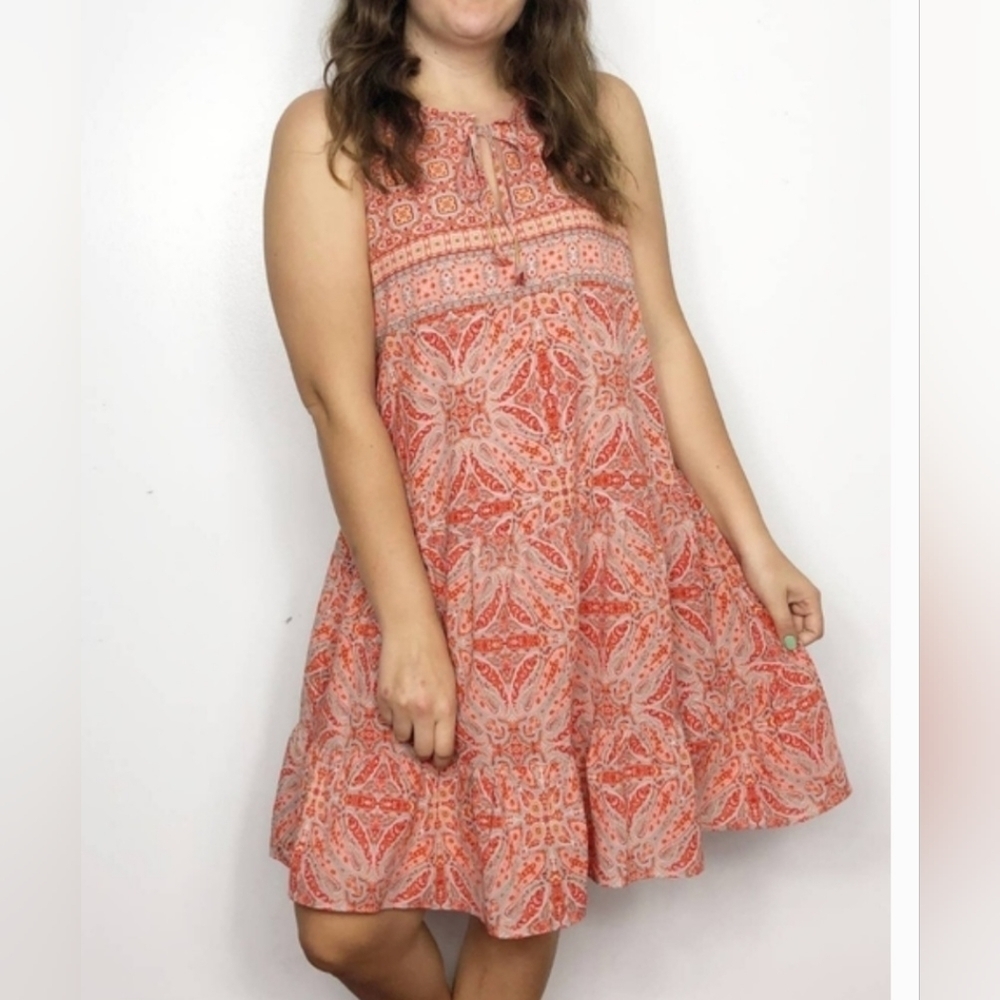 Sanctuary Romy Peach & Red Tiered Loose Fit Sleeveless Mini Dress Size XS Beach